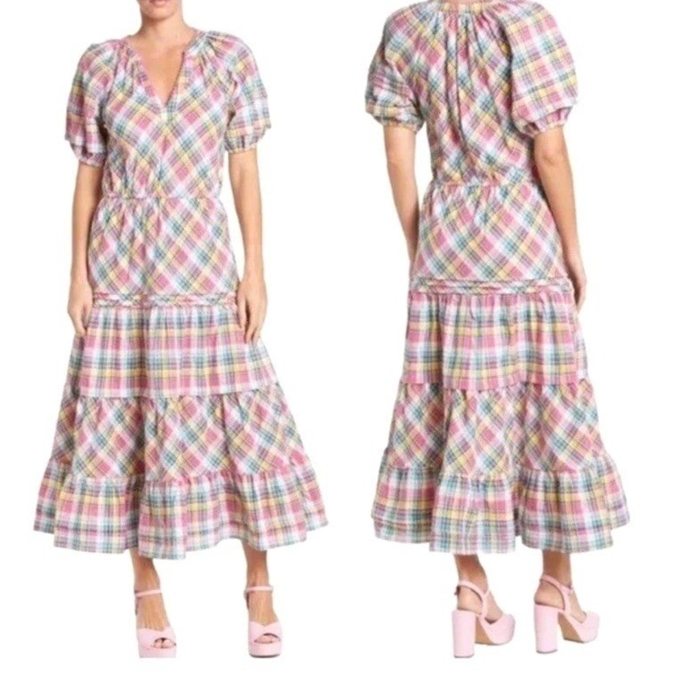 EUC Betsey Johnson Womens Madras Plaid Tiered Midi Dress V-Neck Puff Sleeve S